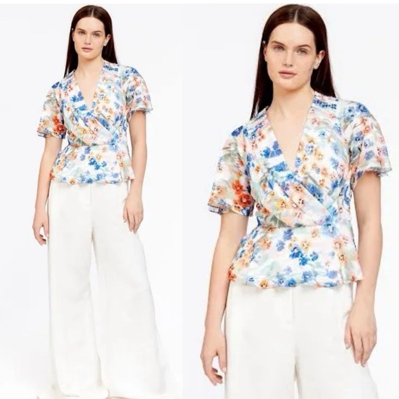 Tanya Taylor Bea Floral Peplum Blouse - Geranium Haze Blue & Orange